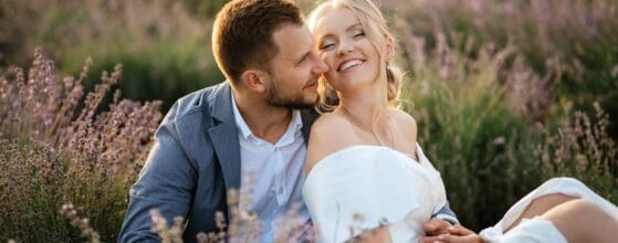 bride and groom on in the lavender field