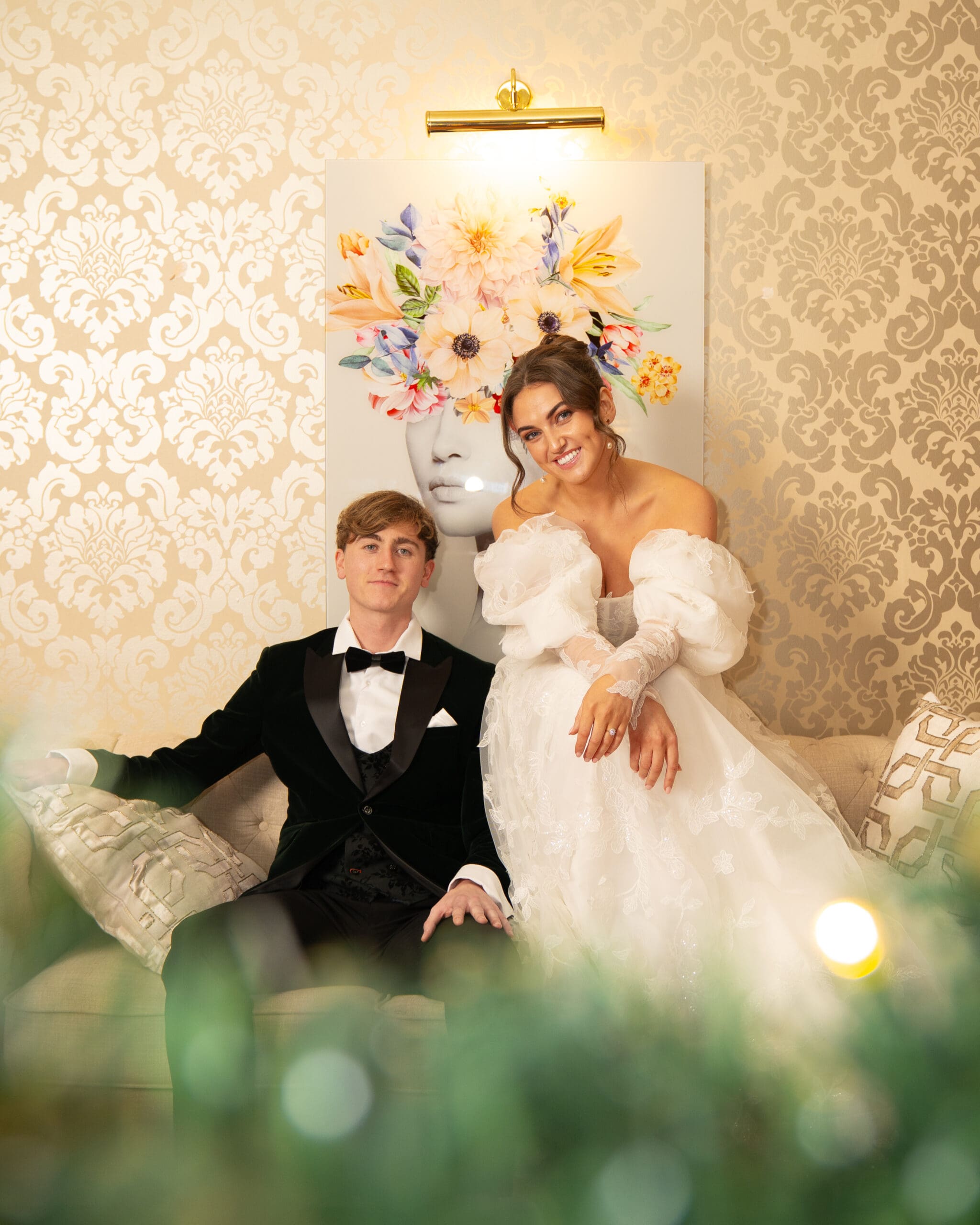 Bride and groom portrait on the staircase at Sallymount House